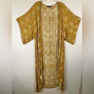 TYSA DESIGNS Printed Kimono Robe Cover-Up Mustard Yellow Resort Wear Hippie M L